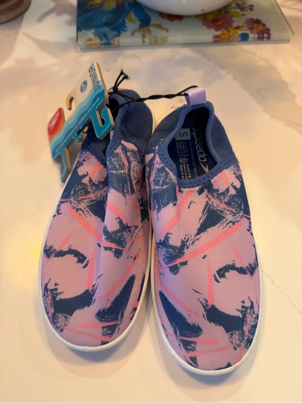 NWT Speedo Kids Water Shoes — Pink & Navy Abstract Slip-Ons 13/1